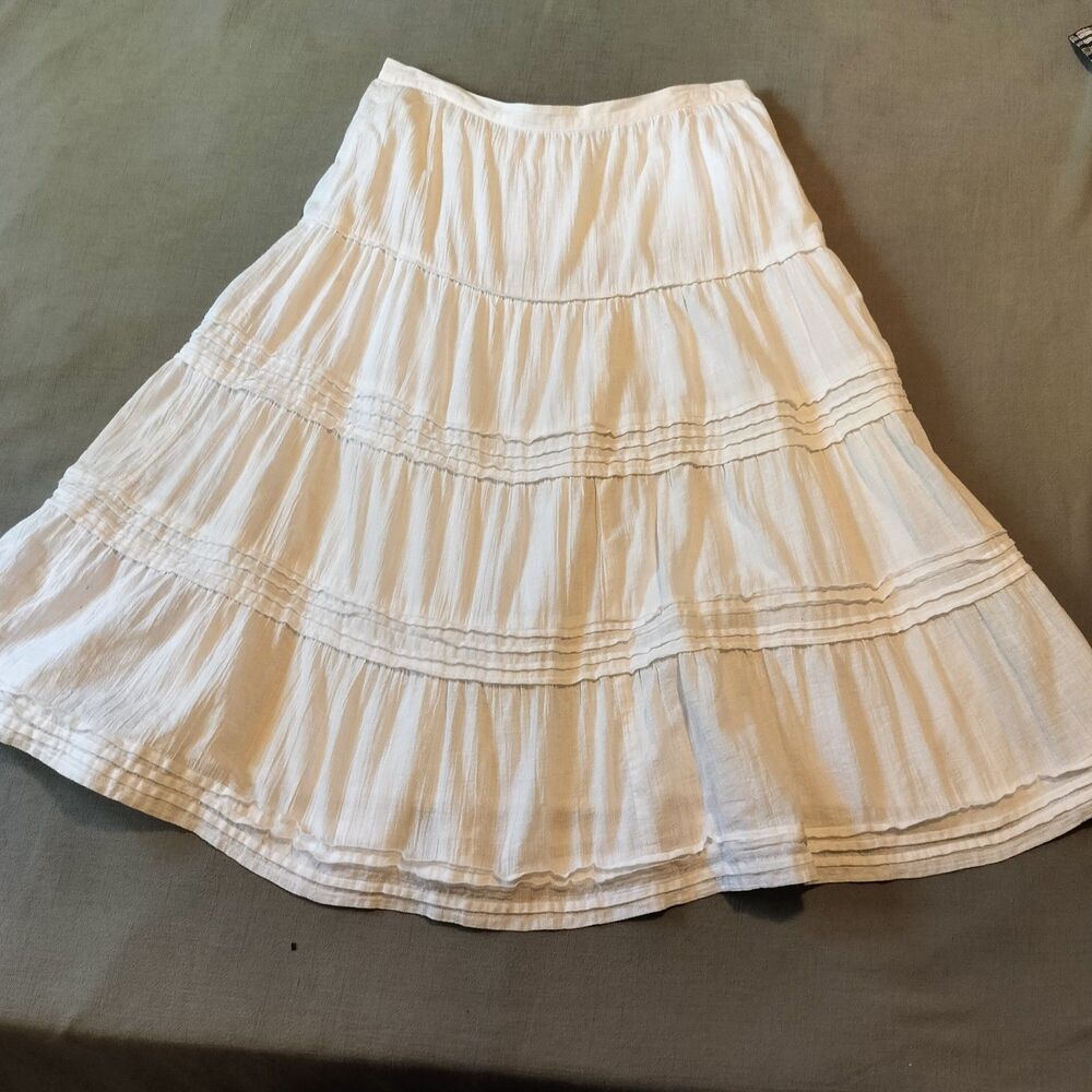 White Cotton Tiered Maxi Skirt Large Valerie Stevens Boho Beach Long Flowy